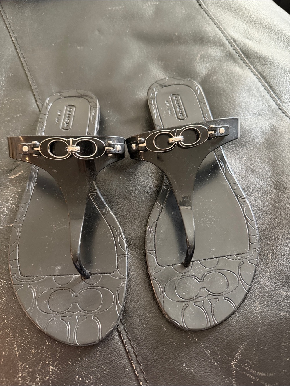 Coach Black Patent Jelly Thong Sandals with Signature Double-C Hardware
